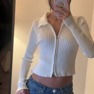 White ribbed zip-up sweater